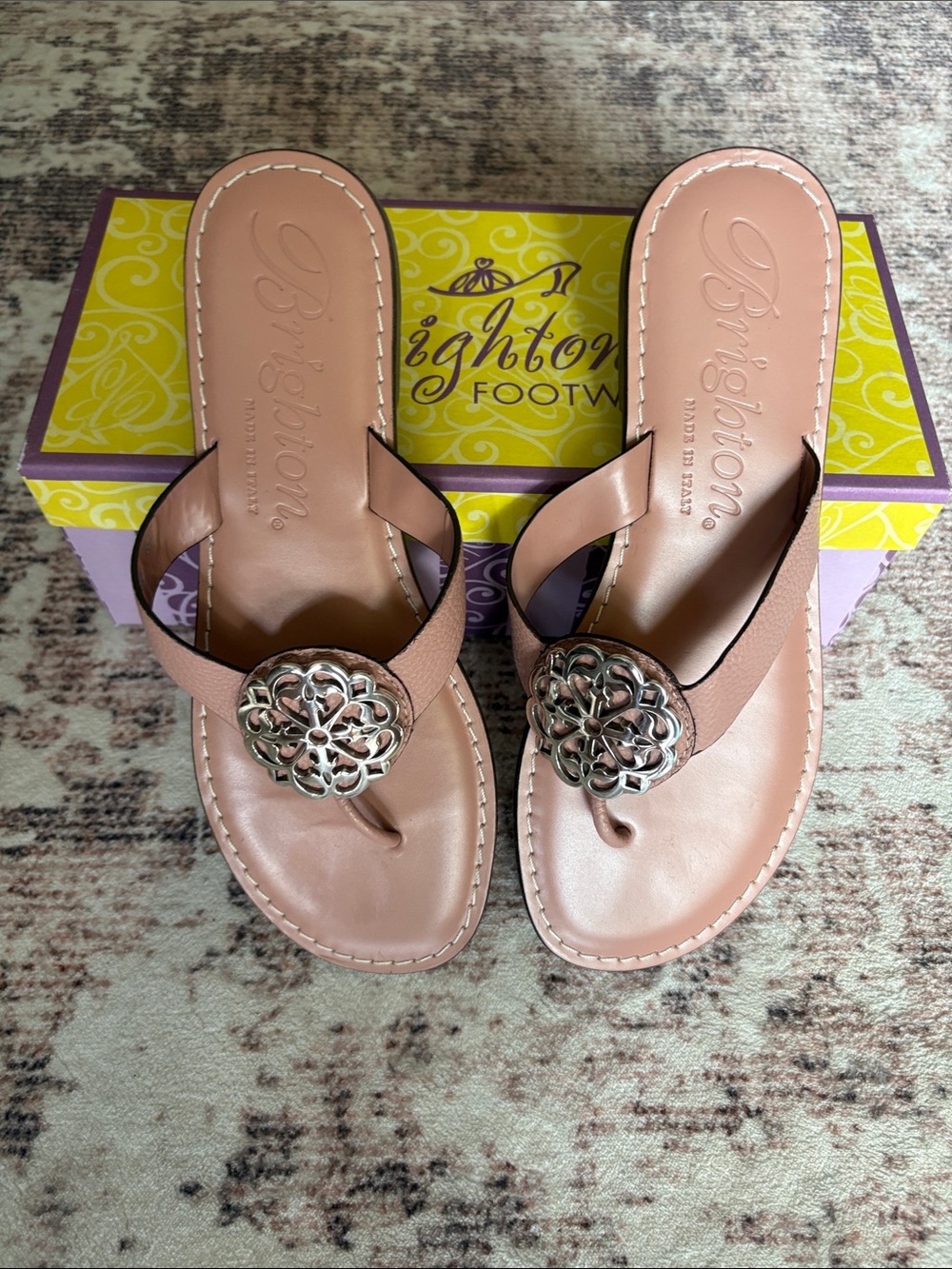 Brighton Pink Sand Blush Tan Leather Thong Sandals with Floral Medallion